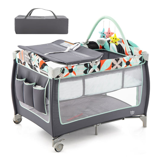 3 in 1 Baby Playard Portable Infant Nursery Center in blue with a toy bar and storage pockets