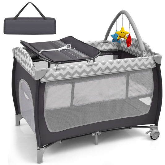3 in 1 Baby Playard Portable Infant Nursery Center in grey with a toy bar and carry bag