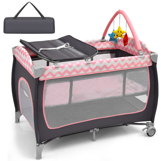 3 in 1 Baby Playard Portable Infant Nursery Center with Toy Bar in light pink, shown with carry bag