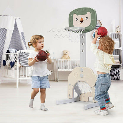 Two children playing with the toy sports basketball hoop set stand
