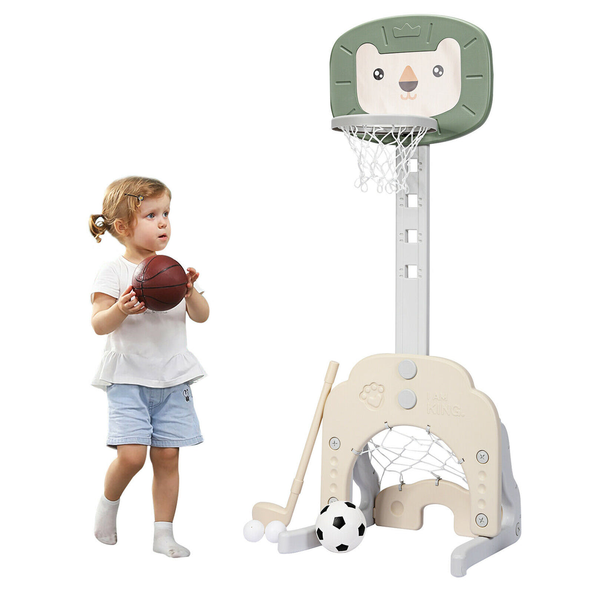 3-in-1 Basketball Hoop Set Stand 5 Adjustable Height with a child holding a basketball