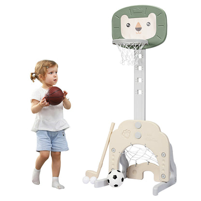 3-in-1 Basketball Hoop Set Stand 5 Adjustable Height with a child holding a basketball