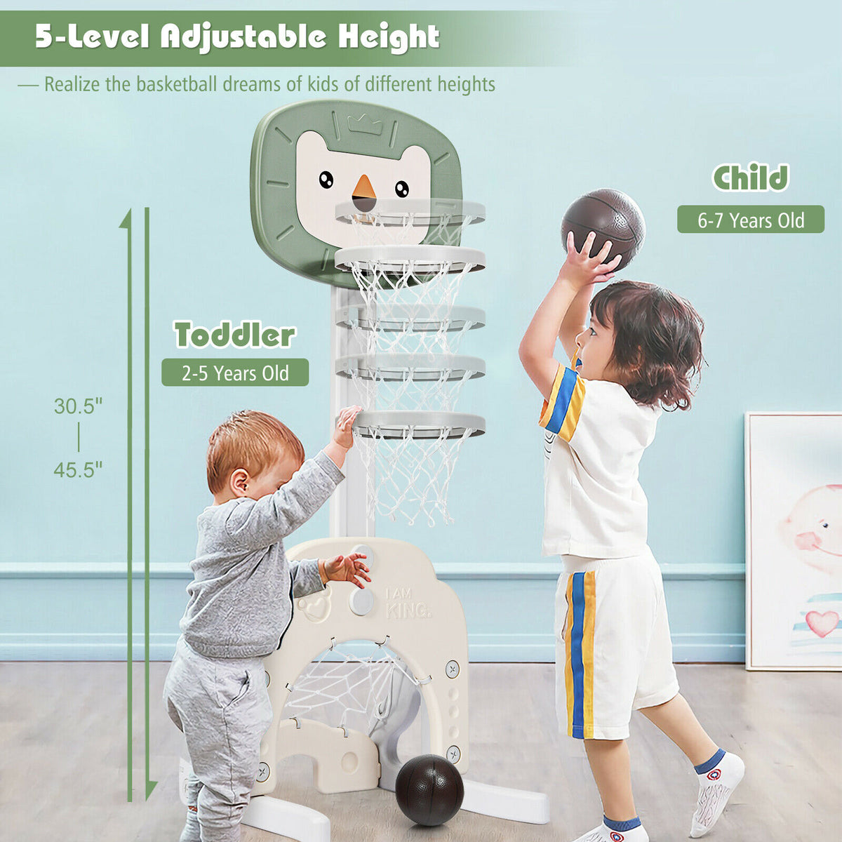Size diagram showing adjustable heights for the toy sports basketball hoop