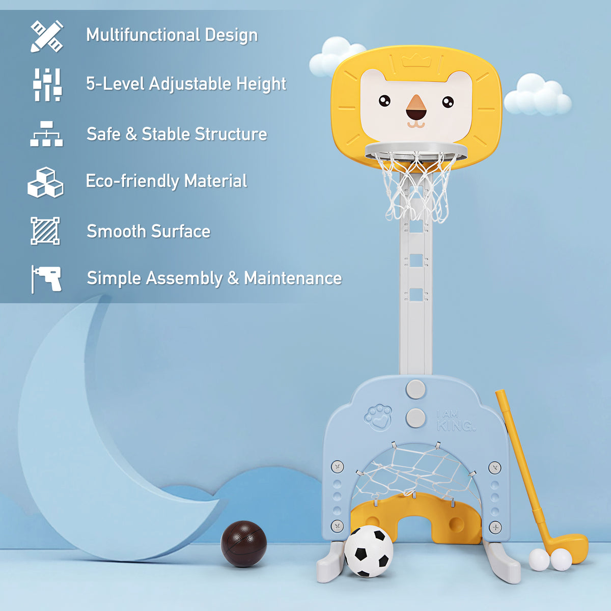 Features of the toy sports set including adjustable height and eco-friendly material