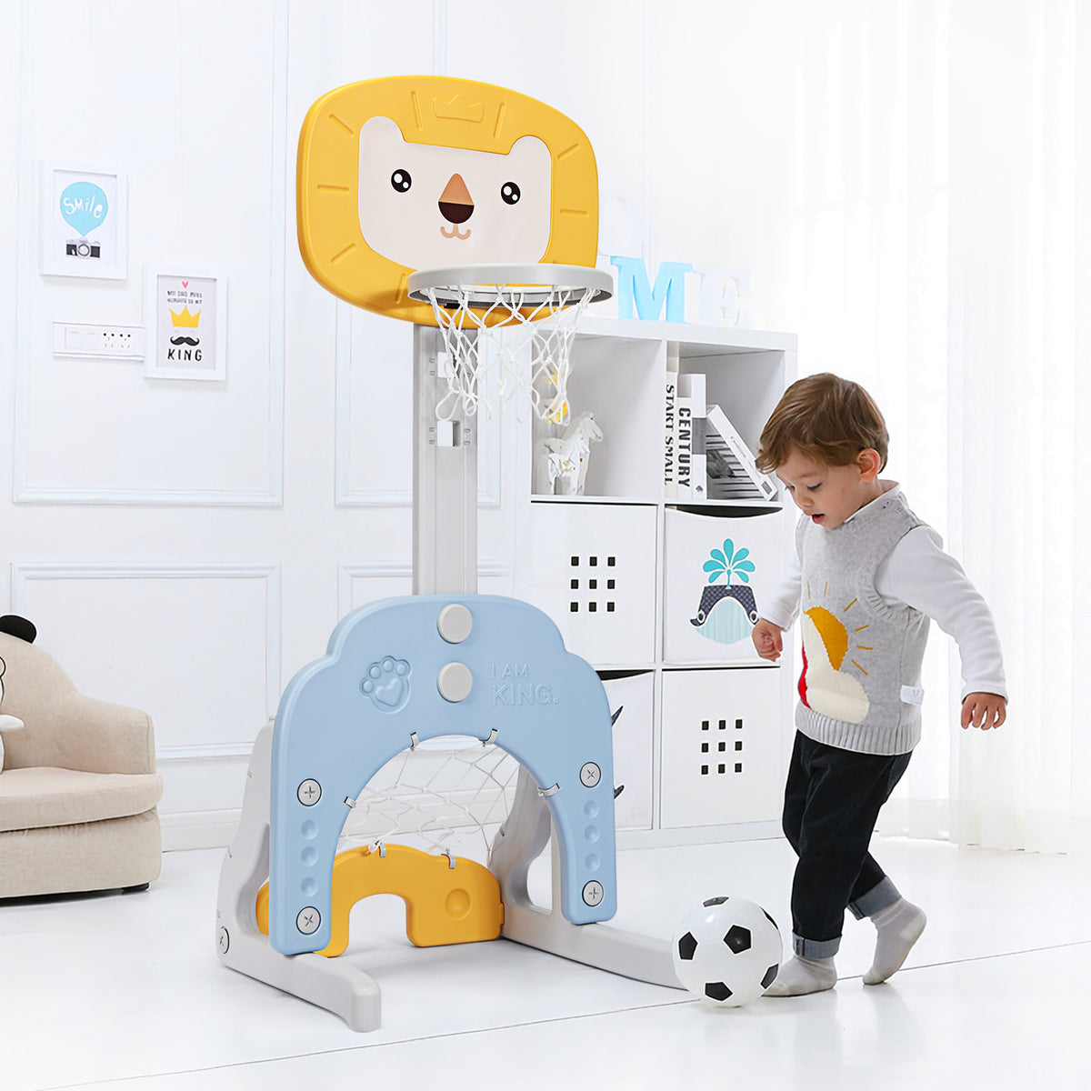 This toy sports set features a basketball hoop and a football goal with a lion face design