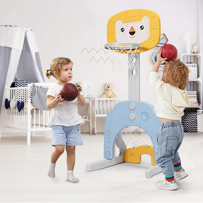 Two children playing with the 3-in-1 basketball hoop set stand indoors