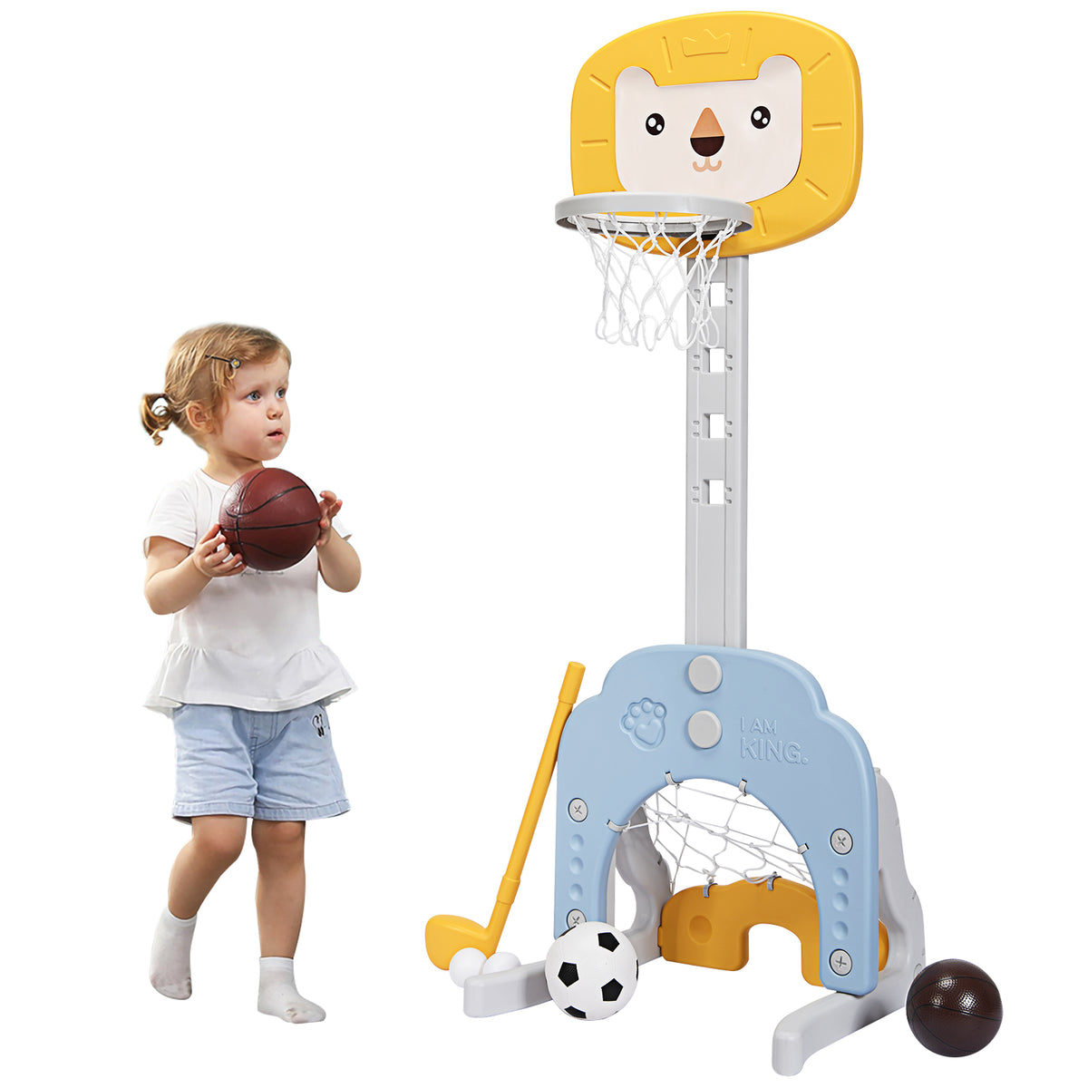 3-in-1 Basketball Hoop Set Stand with a young girl holding a basketball next to it