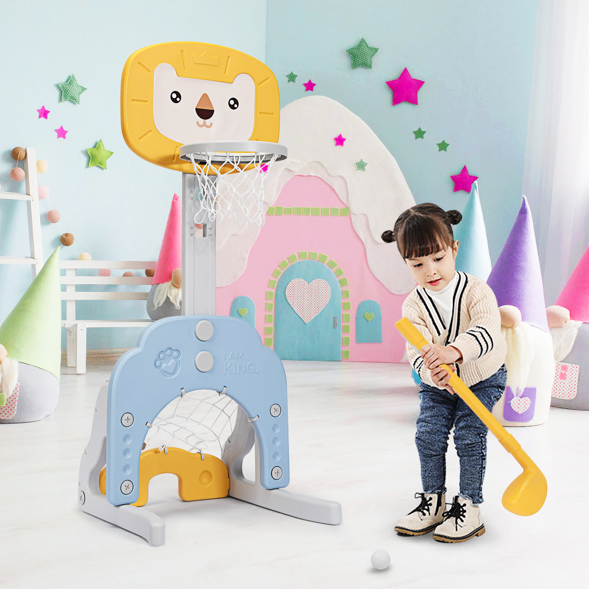 The toy sports set with a young girl playing golf and a boy playing basketball