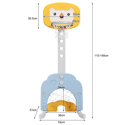 Dimensions of the yellow 3-in-1 basketball hoop set stand are shown