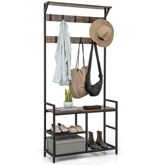 3-in-1 Coat Rack Freestanding Industrial Entryway Storage Shelf-Rustic Brown with hooks, a bench and shoe shelves