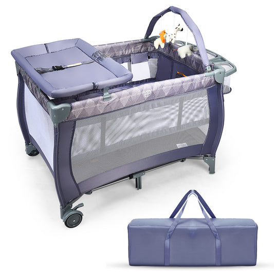 3 in 1 Convertible Bassinet Cot with changing table and toy bar in grey, shown with its carry bag