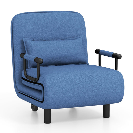 3-in-1 Convertible Sofa Bed with 5-Position Adjustable Backrest in blue fabric, shown as a compact armchair with a pillow
