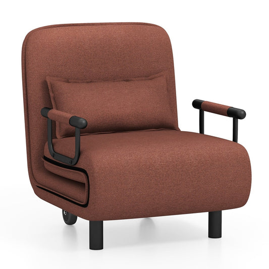 3-in-1 Convertible Sofa Bed with 5-Position Adjustable Backrest in brown with a small matching cushion