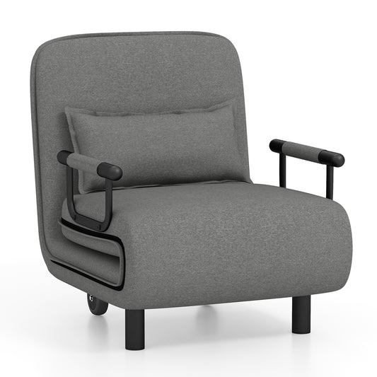 3-in-1 Convertible Sofa Bed with 5-Position Adjustable Backrest in grey fabric, shown as a chair with a cushion