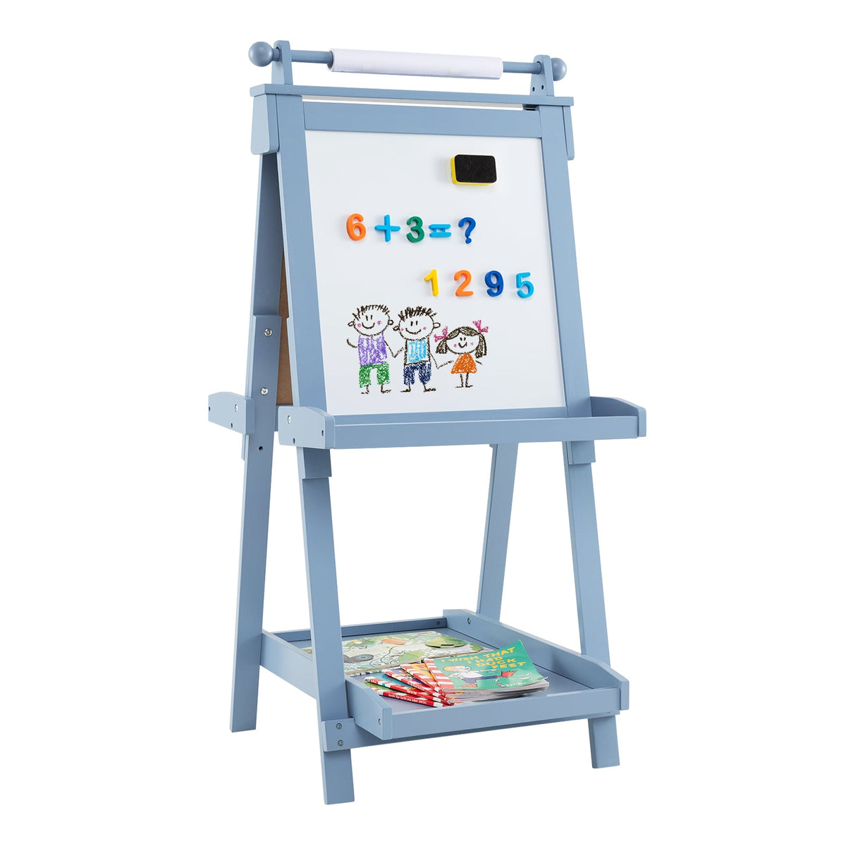 3-in-1 Double-sided Art Easel with magnetic whiteboard and storage shelf for books