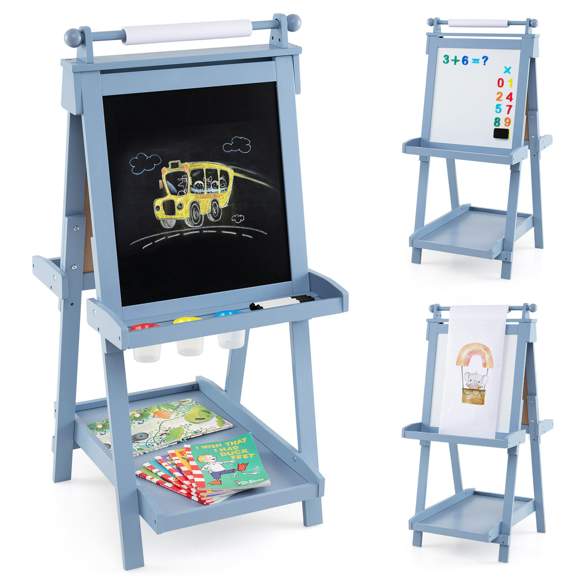 the art easel shown from different angles with blackboard and whiteboard