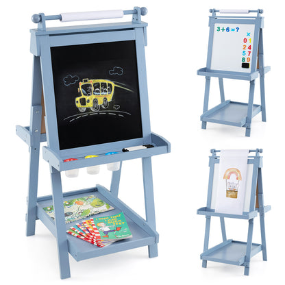 the art easel shown from different angles with blackboard and whiteboard