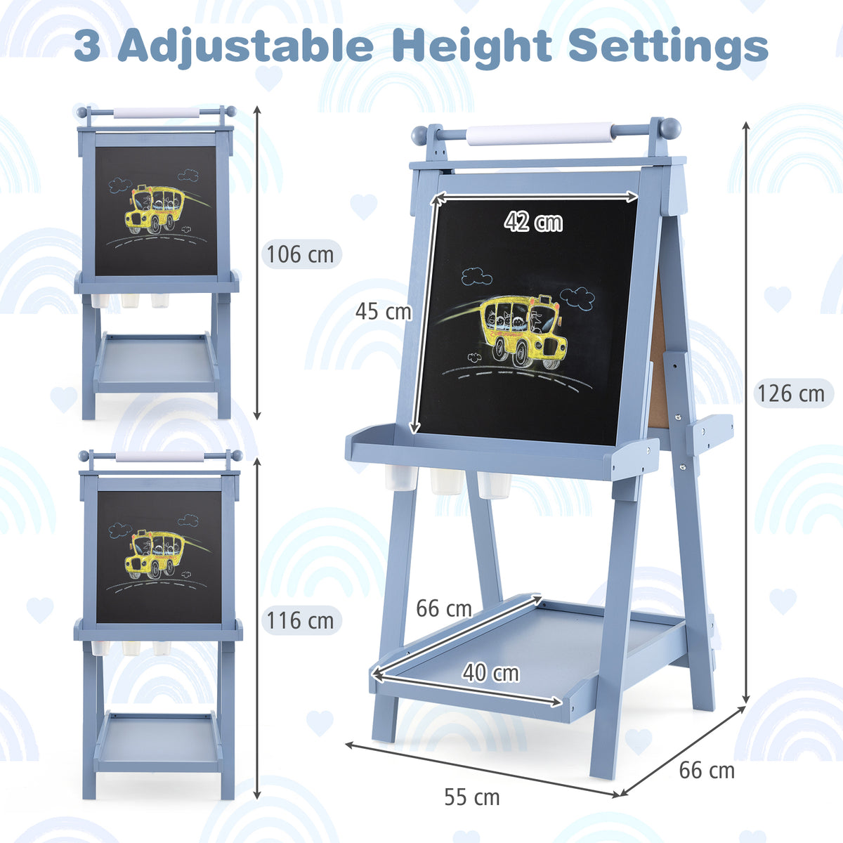 the art easel with diagrams showing three different height settings