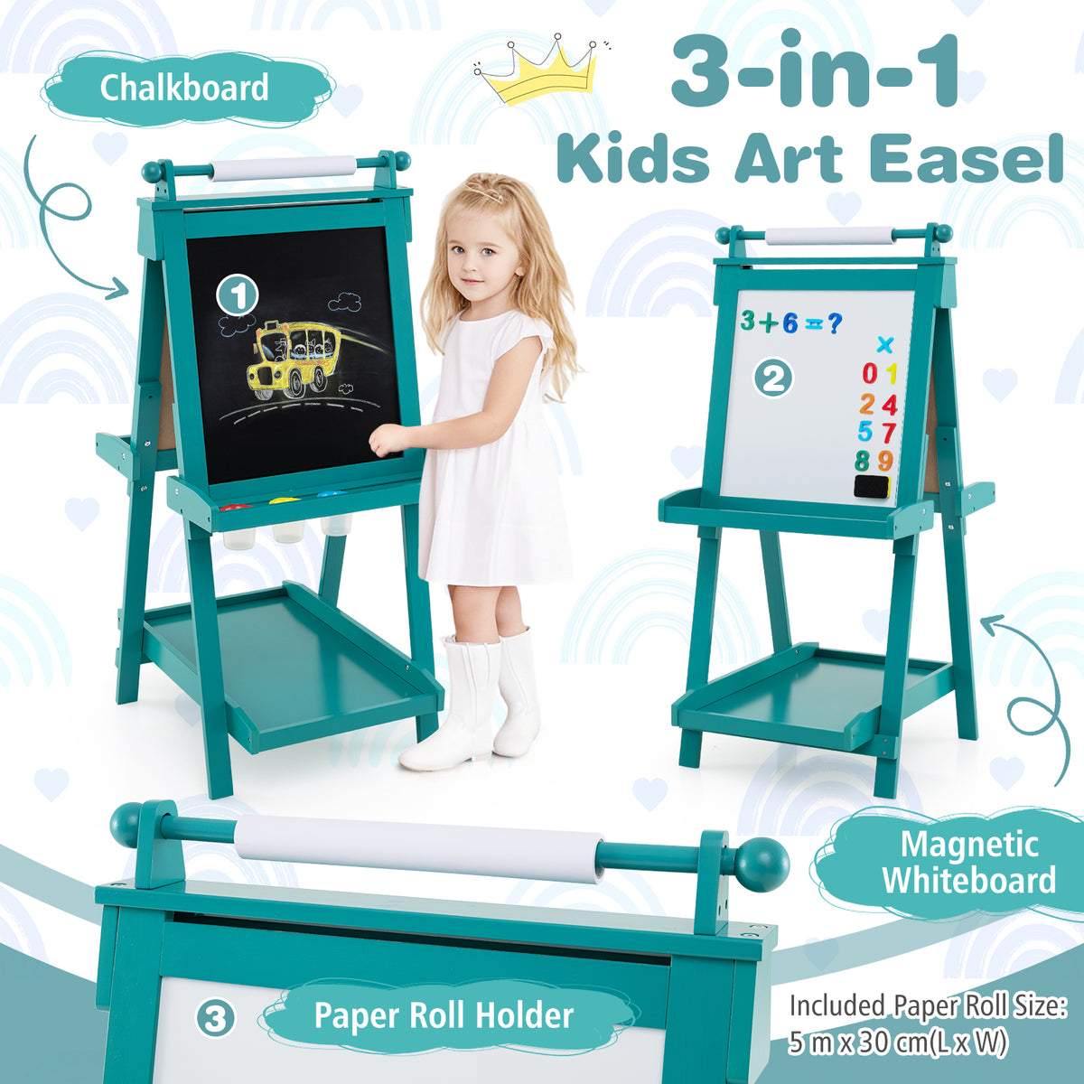 the art easel features highlighted including the chalkboard whiteboard and paper roll holder