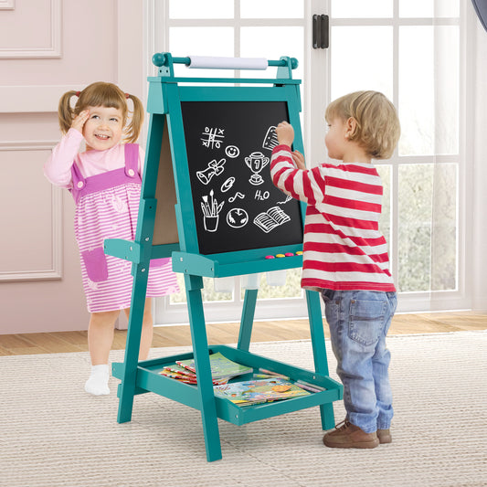 the art easel being used by two children to draw on the chalkboard side in a bright room