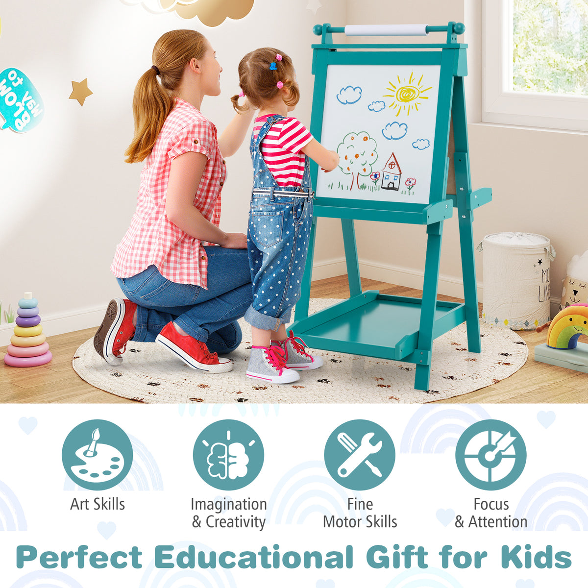 the art easel in a playroom with a mother and child drawing together on the whiteboard
