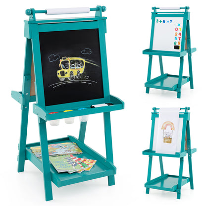 the art easel shown from three different angles displaying the chalkboard and whiteboard
