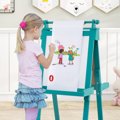 a young girl drawing on the paper roll attached to the top of the art easel