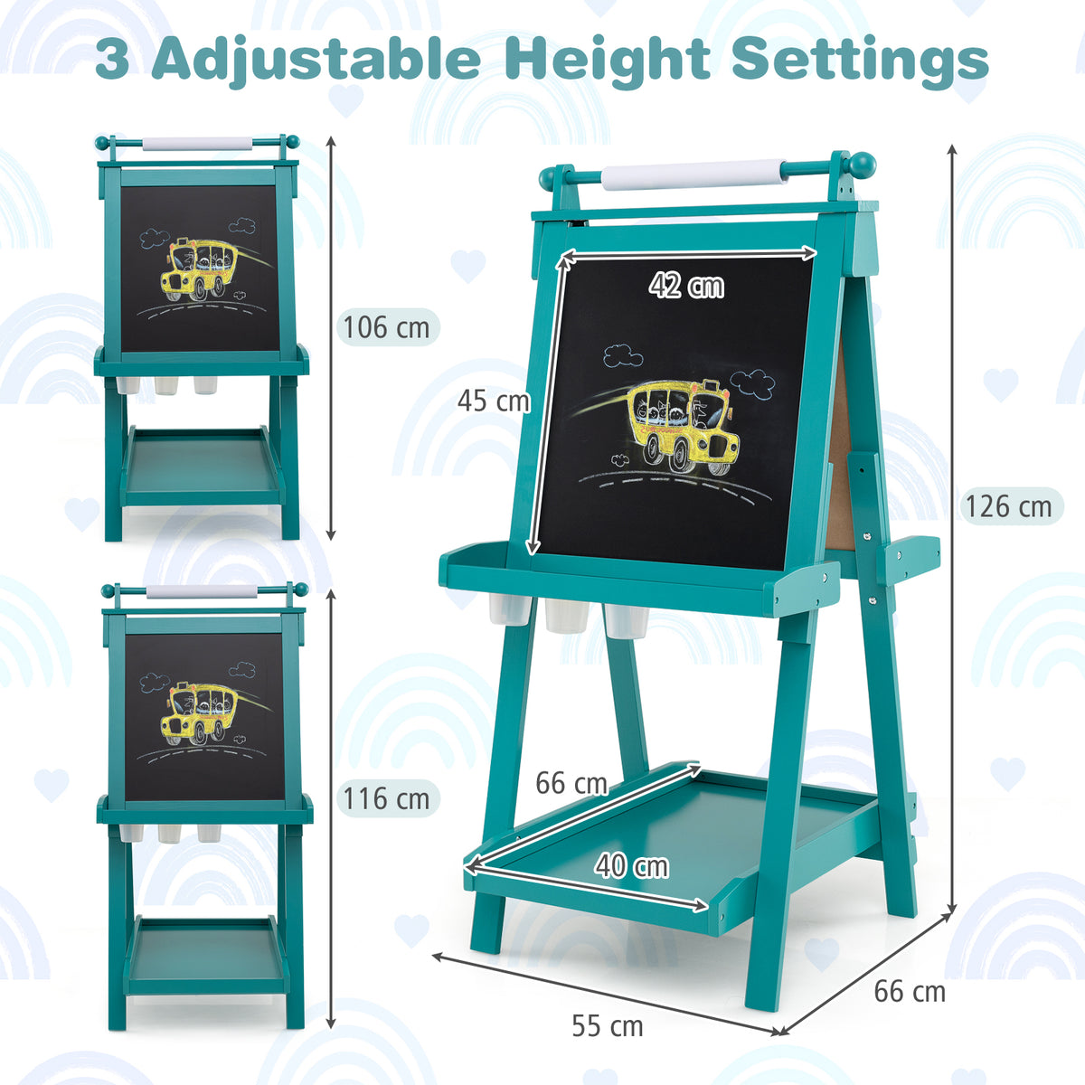 the art easel with diagrams showing the three different height settings and dimensions