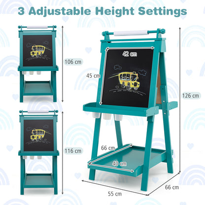 the art easel with diagrams showing the three different height settings and dimensions