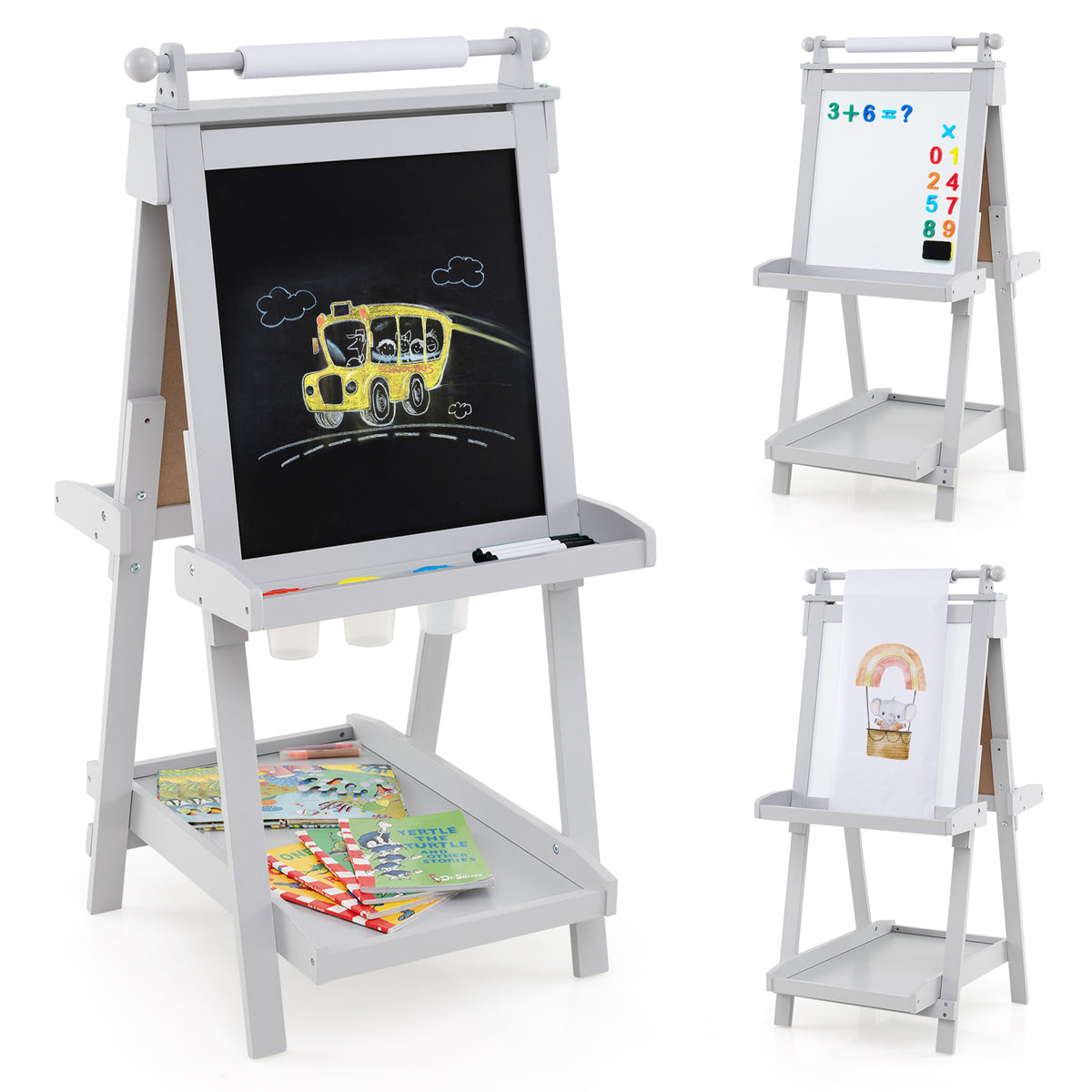 Collage of the grey double-sided art easel with different drawings