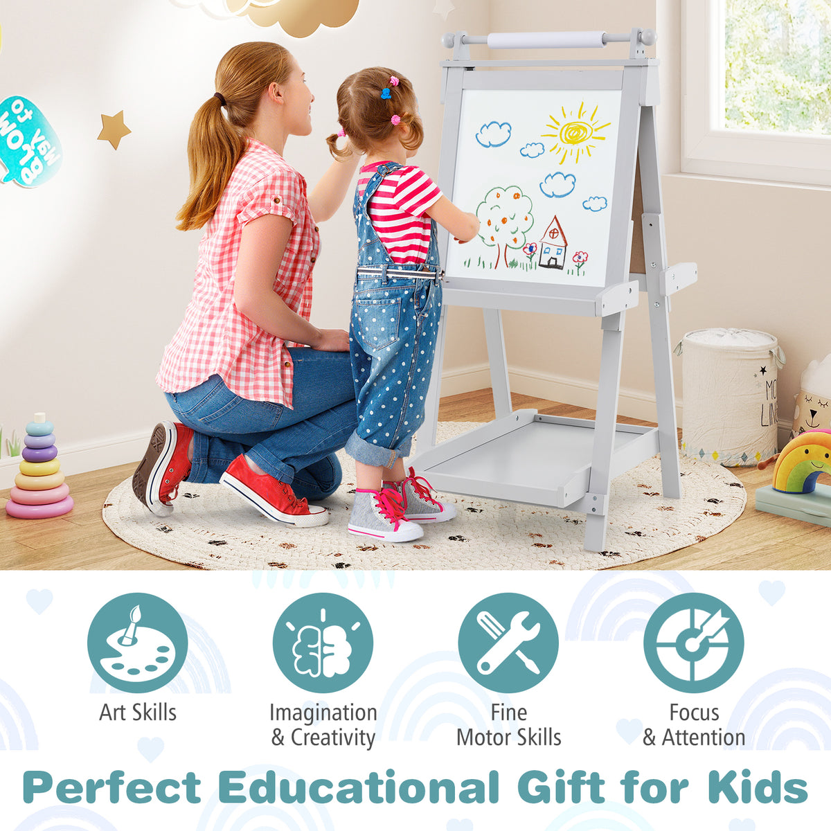 Mother and child using the grey double-sided art easel