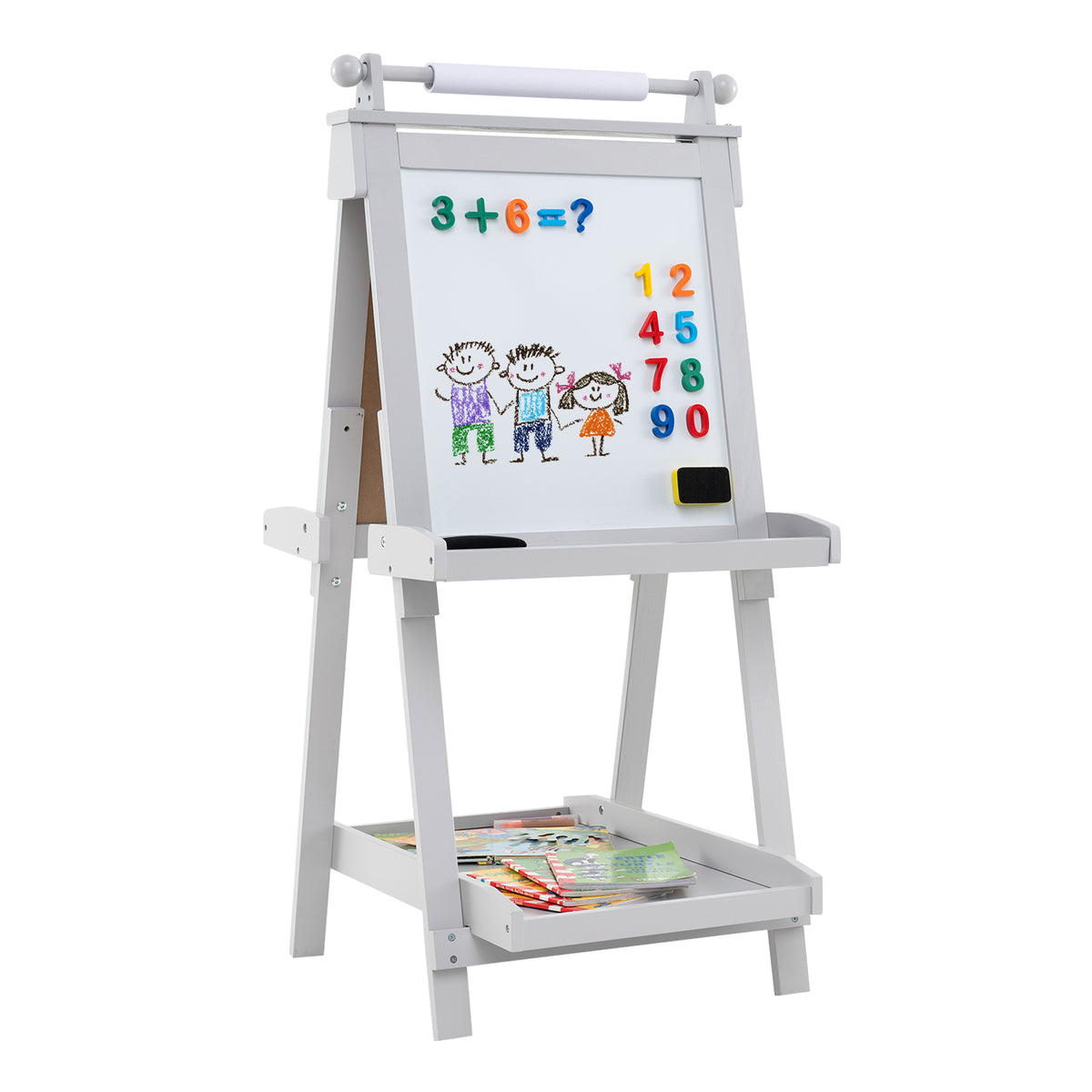 3-in-1 Double-sided Art Easel grey wooden easel with chalkboard and whiteboard sides