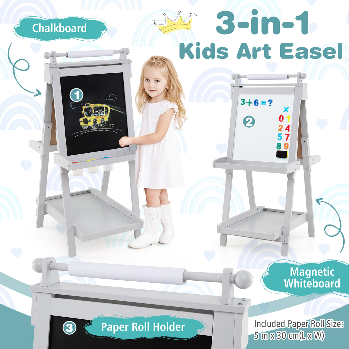 Grey double-sided art easel with text and icons