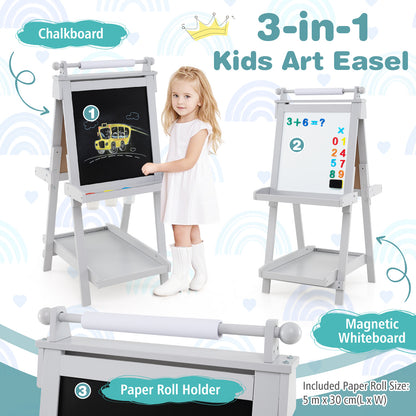 Grey double-sided art easel with text and icons