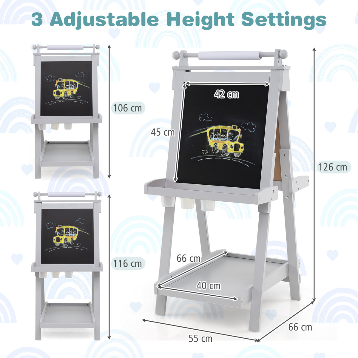 Dimensions of the grey double-sided art easel with height settings