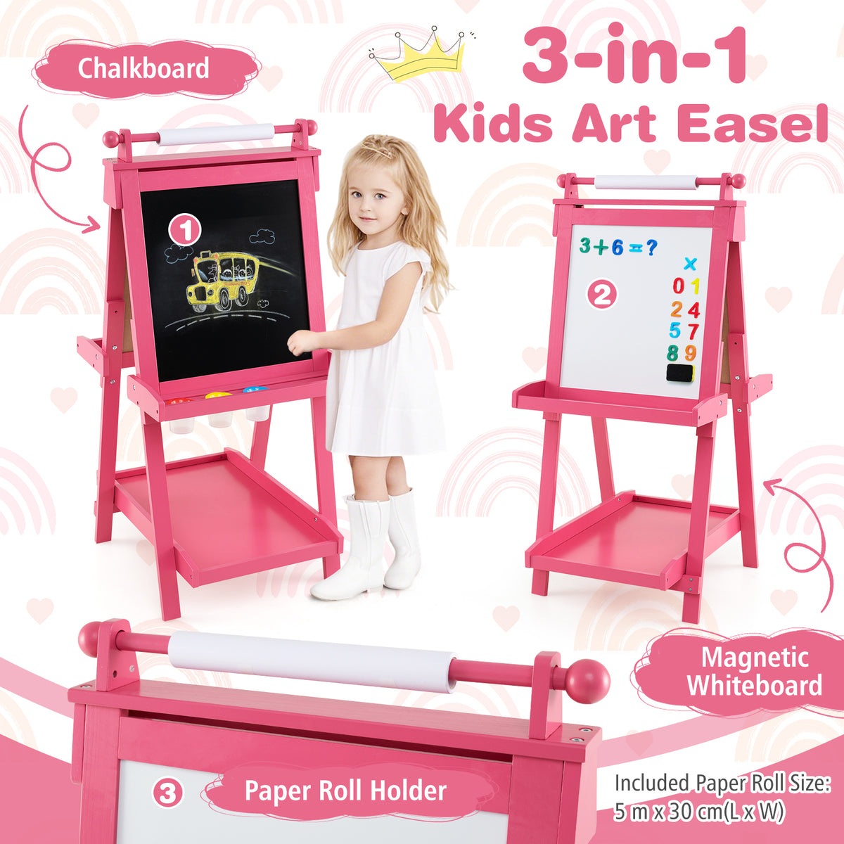 the art easel showing the three main features of the blackboard whiteboard and paper roll
