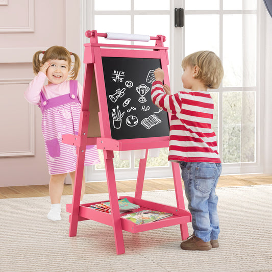 the art easel being used by two children drawing on the blackboard side in a bright room