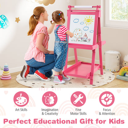 the art easel being used by a child and adult with educational benefits listed underneath