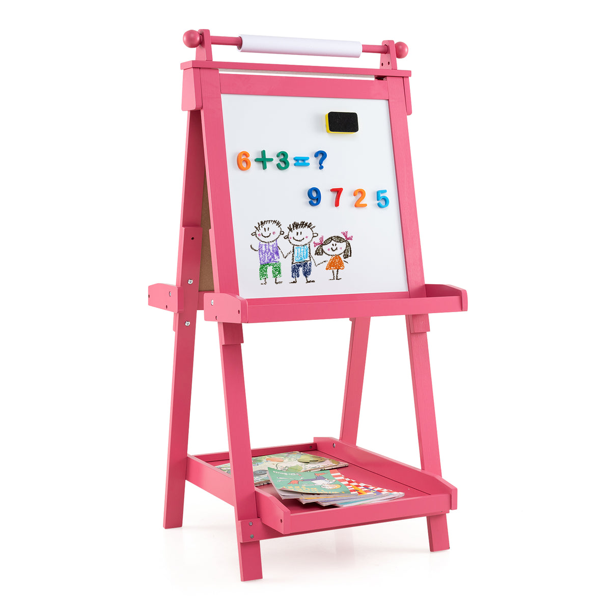 3-in-1 Double-sided Art Easel with a magnetic whiteboard and magnetic numbers on a pink frame