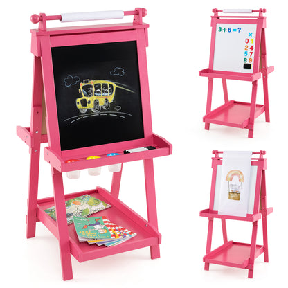the art easel shown from three different angles displaying the blackboard and whiteboard sides