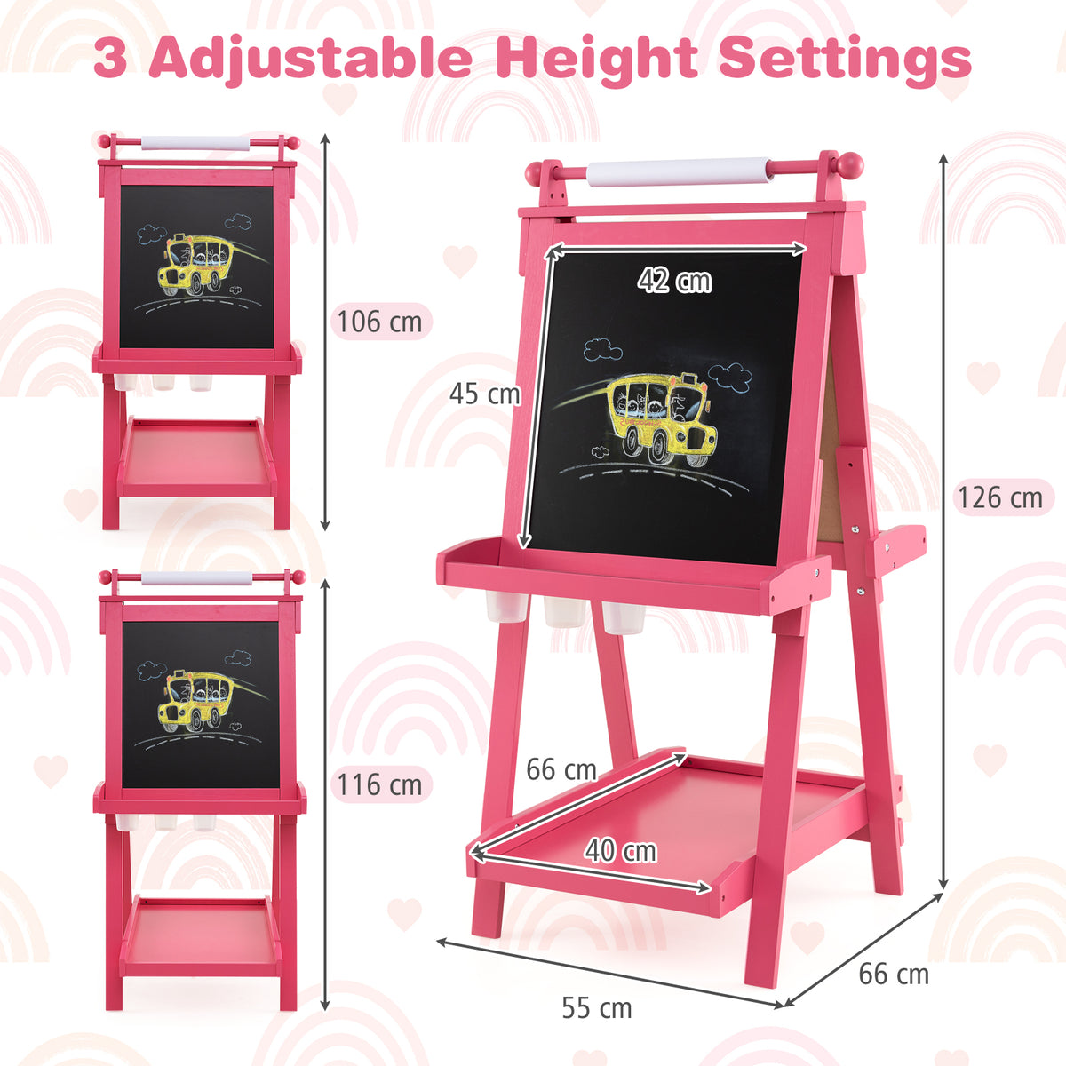 the art easel with technical diagrams showing the adjustable height settings and dimensions