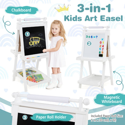 the art easel features highlighted with labels for the chalkboard whiteboard and paper roll