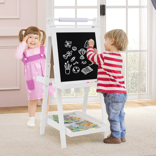 the art easel being used by two children drawing on the chalkboard side in a bright room