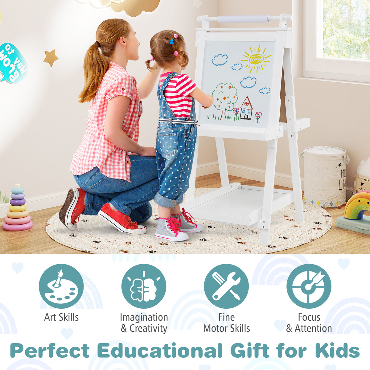 the art easel being used by a mother and child with educational benefit icons displayed below