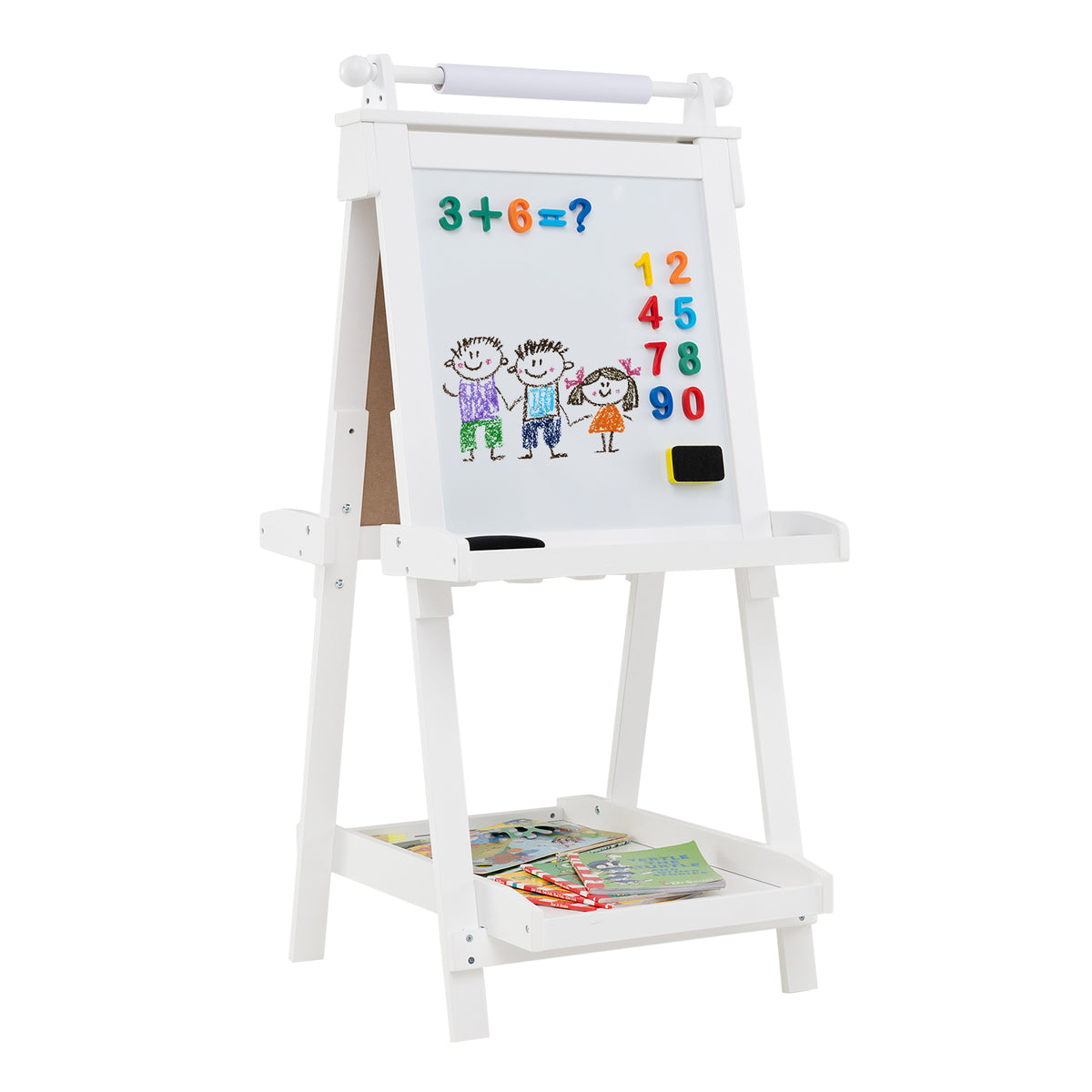 3-in-1 Double-sided Art Easel with a magnetic whiteboard and a storage tray for books