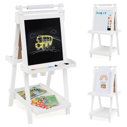 the art easel shown in three different configurations including chalkboard and whiteboard