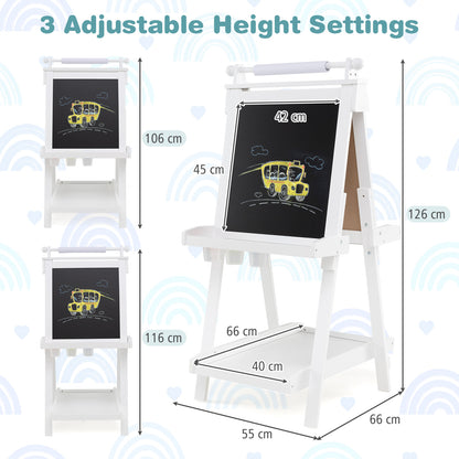the art easel with technical diagrams showing the adjustable height settings and dimensions