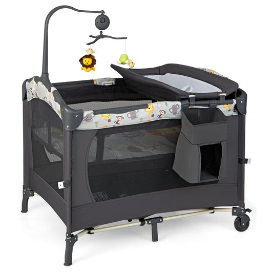 3-in-1 Foldable Baby Travel Cot with a changing table, hanging toys and a dark grey frame