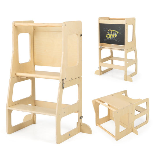 3-in-1 Foldable Kitchen Standing Tower for Toddlers with Chalkboard, a natural wood toddler tower with a chalkboard on the