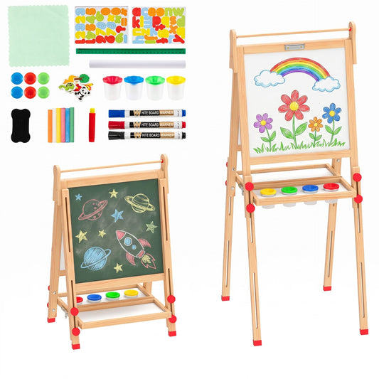 3 in 1 Foldable Wooden Art Easel shown with its included art supplies and magnetic accessories